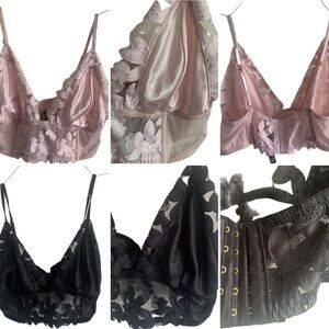 2 Victoria Secret VS luxe Pink and Black embroidered floral longline bralette XL